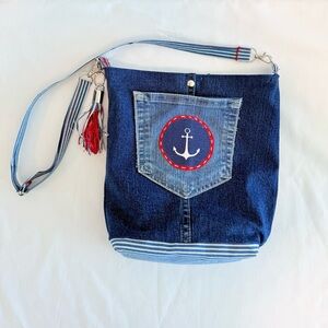 Upcycled Denim Nautical Crossbody Bag | Handmade | Anchor Patch | Red White Blue